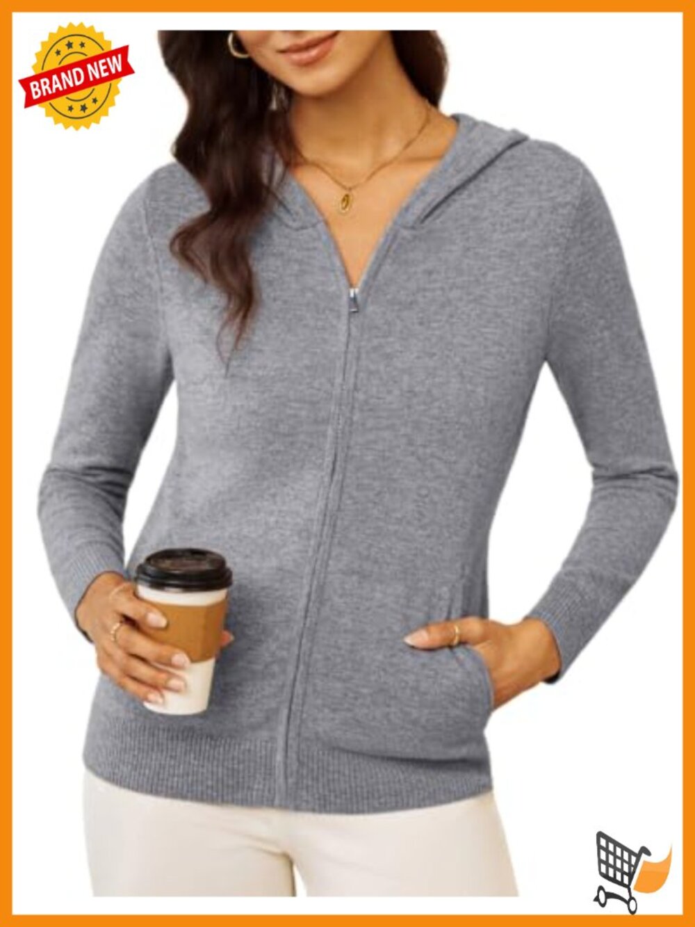 100% Merino Wool Zip Up Hooded Cardigan Sweater with Pockets